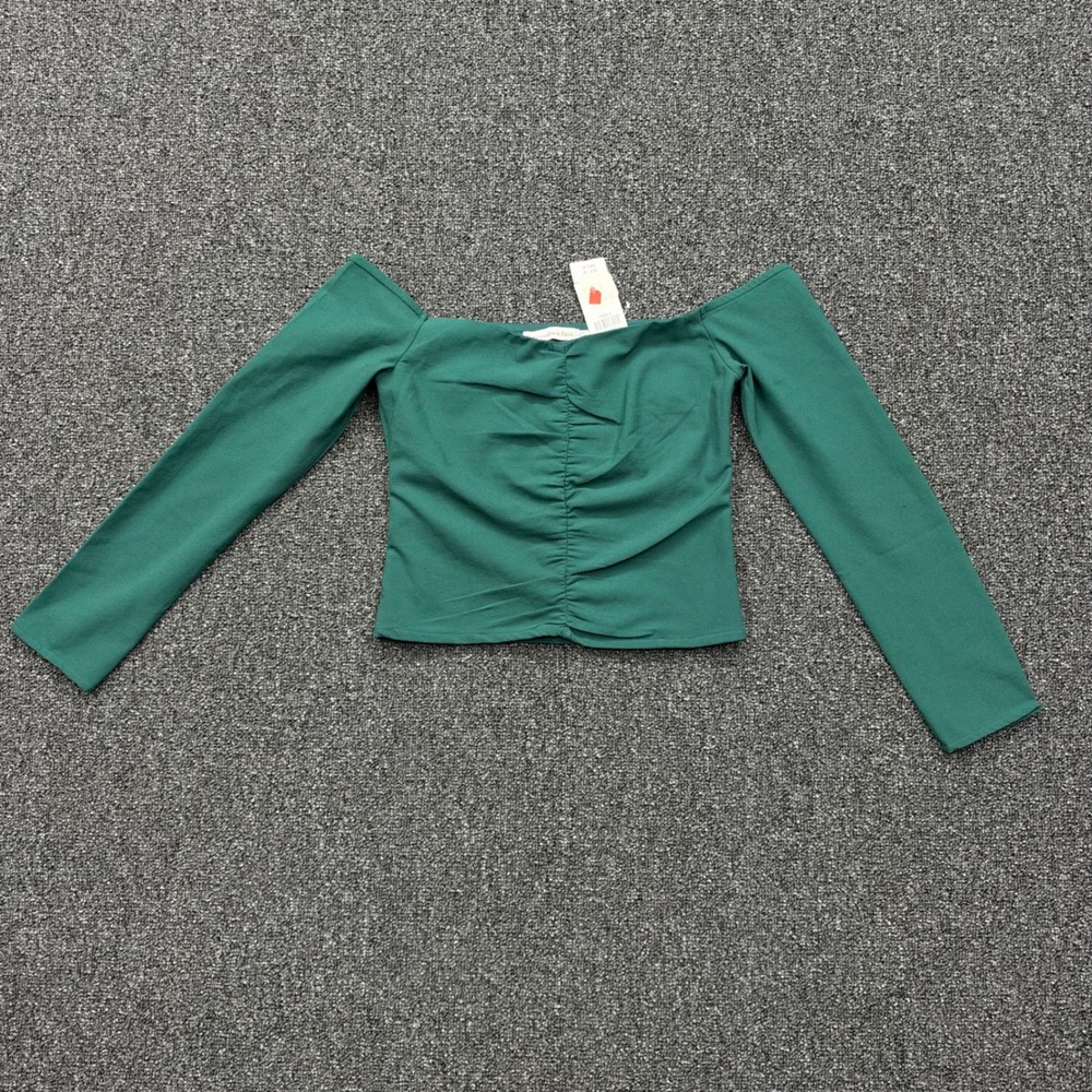 Abercrombie Ruched Off Shoulder Top Womens XS Green NWOT Imperfections holiday